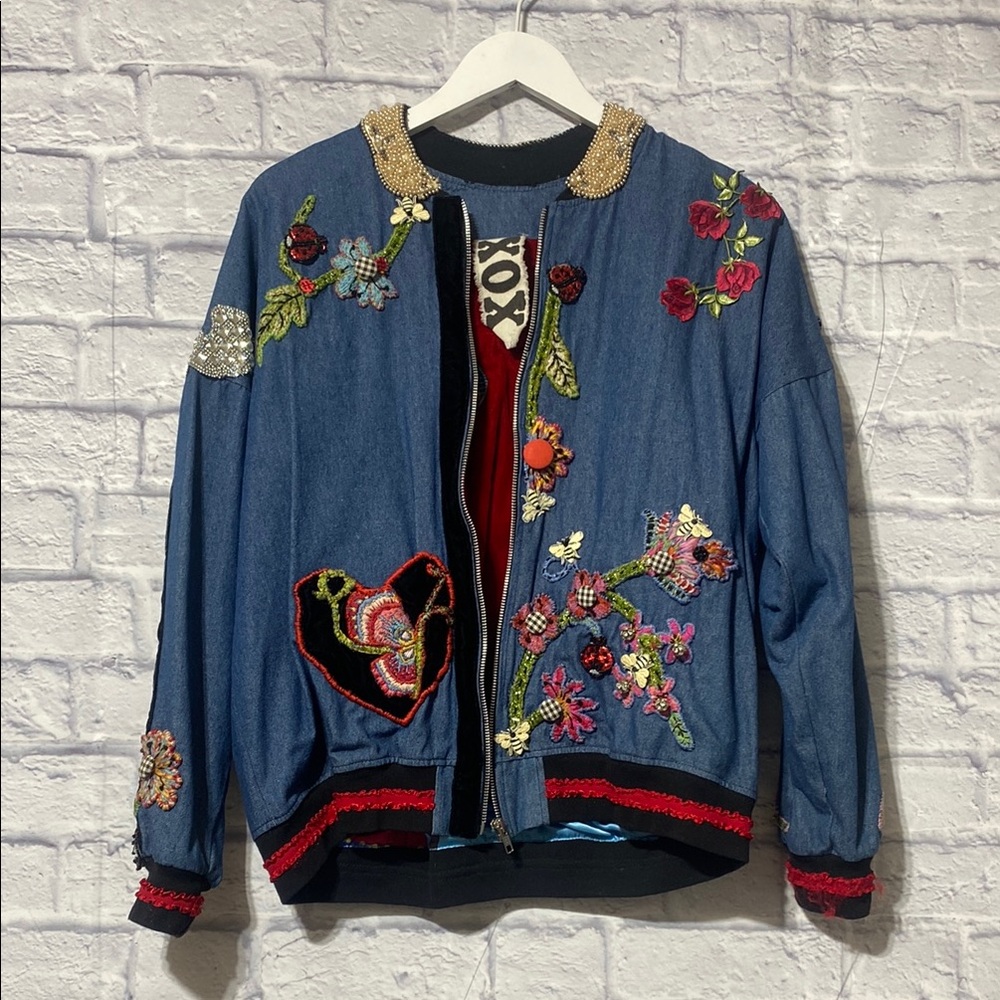 Embroidered Denim Jacket with Floral Accents - one of a kind
